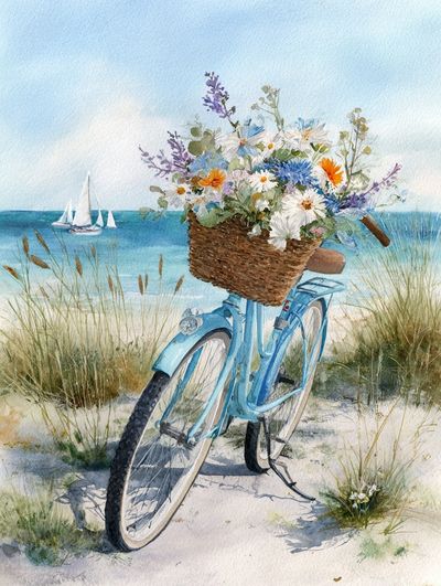 Beach Bicycle Watercolor Poster. poster print
