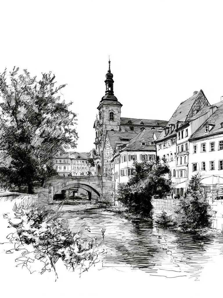 European Canal Town Ink Print. poster — illustration art