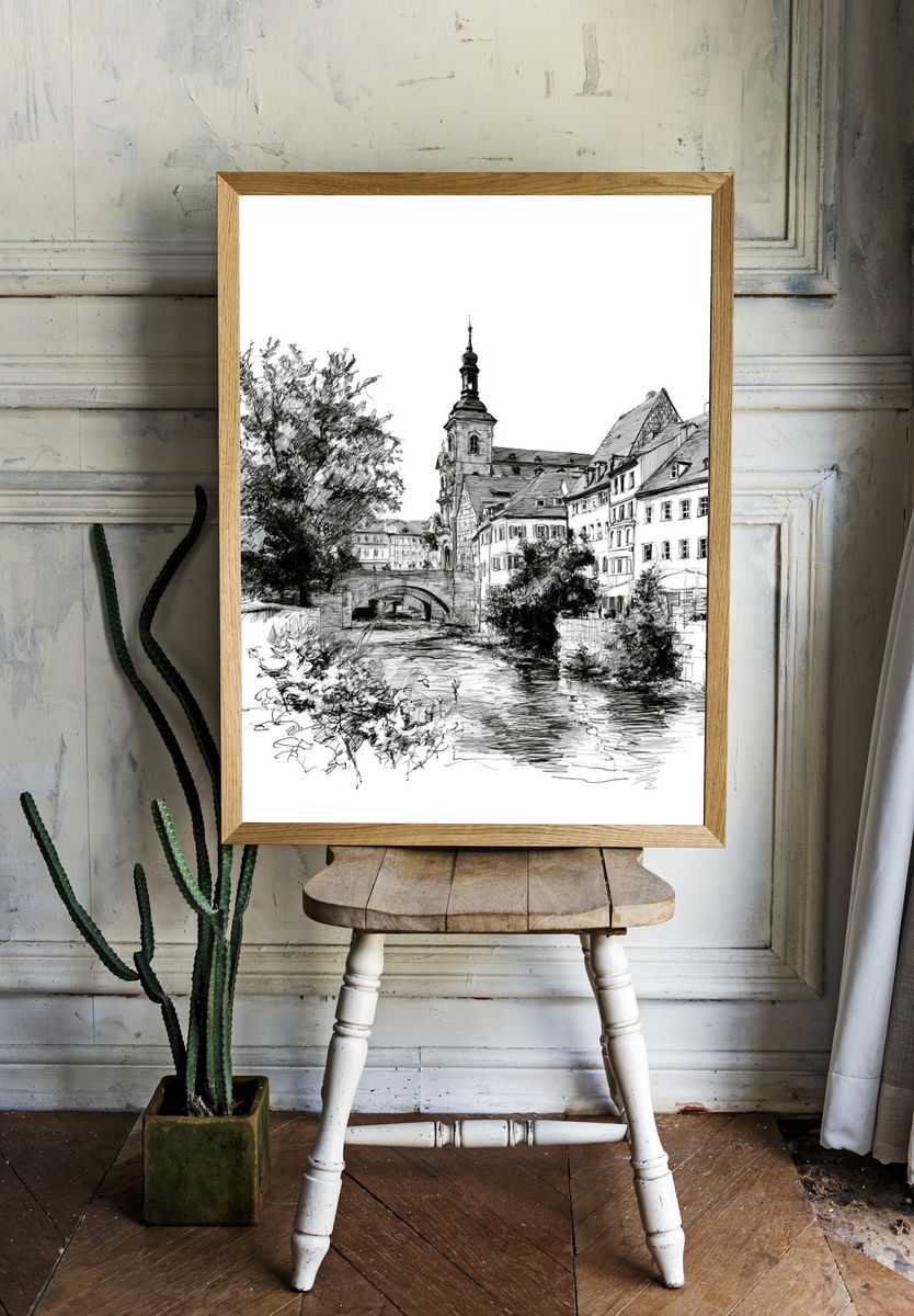European Canal Town Ink Print. — room view 1