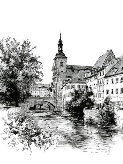 European Canal Town Ink Print.