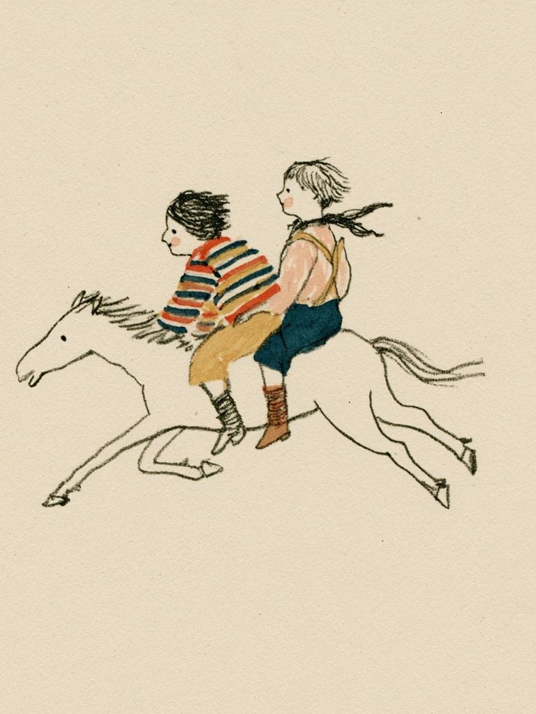 Children Riding Horse Illustration Poster. poster detail