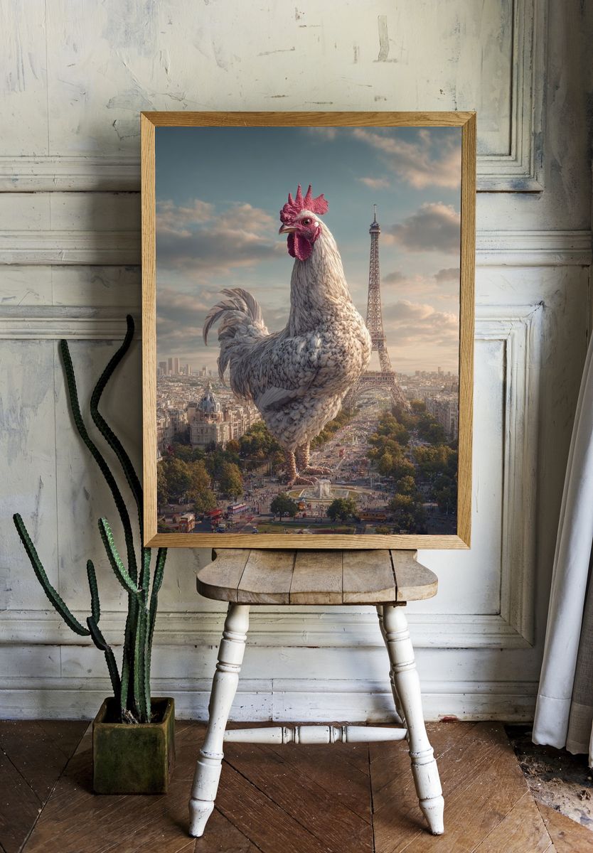 Giant Rooster Over Paris Surreal Print. room preview
