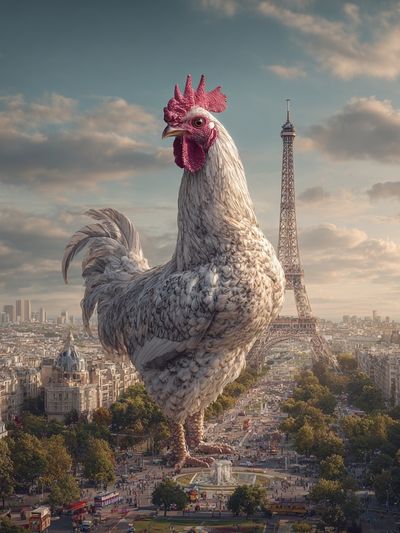 Giant Rooster Over Paris Surreal Print. poster