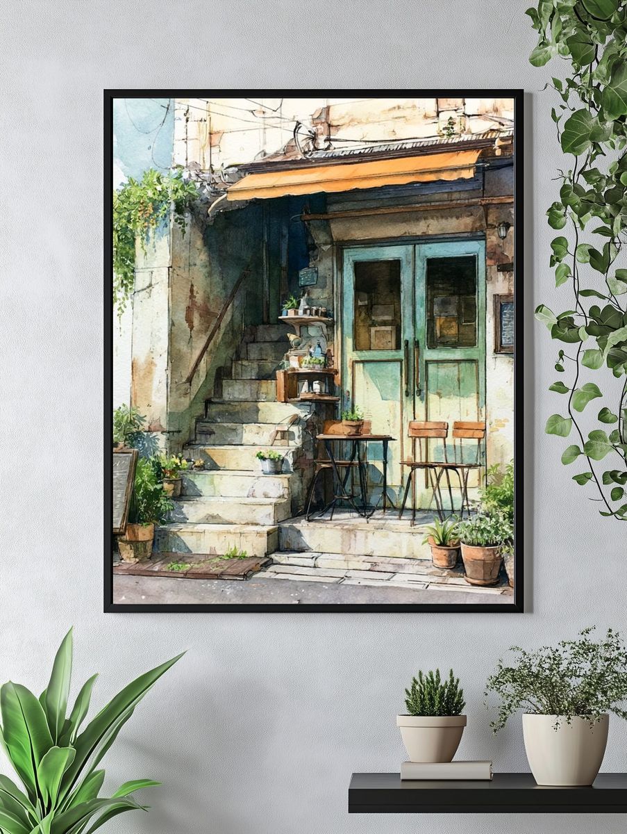 Café Facade Watercolor Print. — room view 4