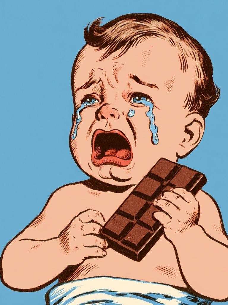 Crying Baby with Chocolate Poster. poster — illustration art