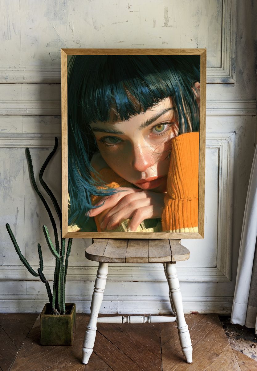Blue-Haired Portrait Illustration Print. room preview