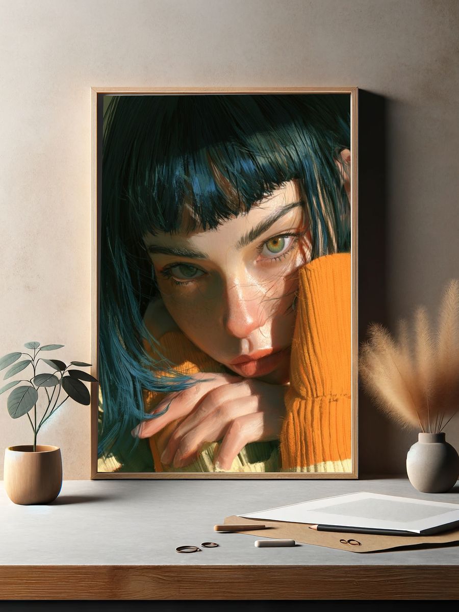 Blue-Haired Portrait Illustration Print. — room view 2