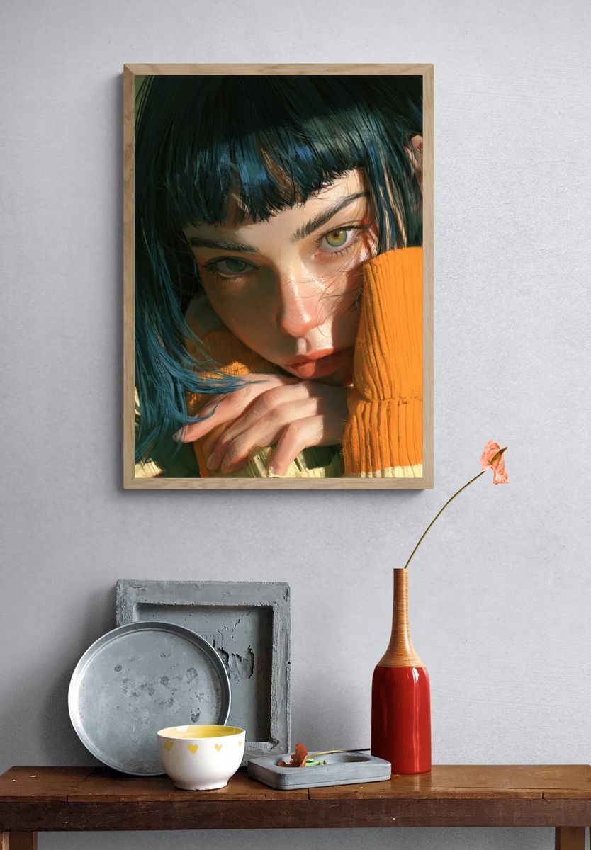 Blue-Haired Portrait Illustration Print. — room view 3