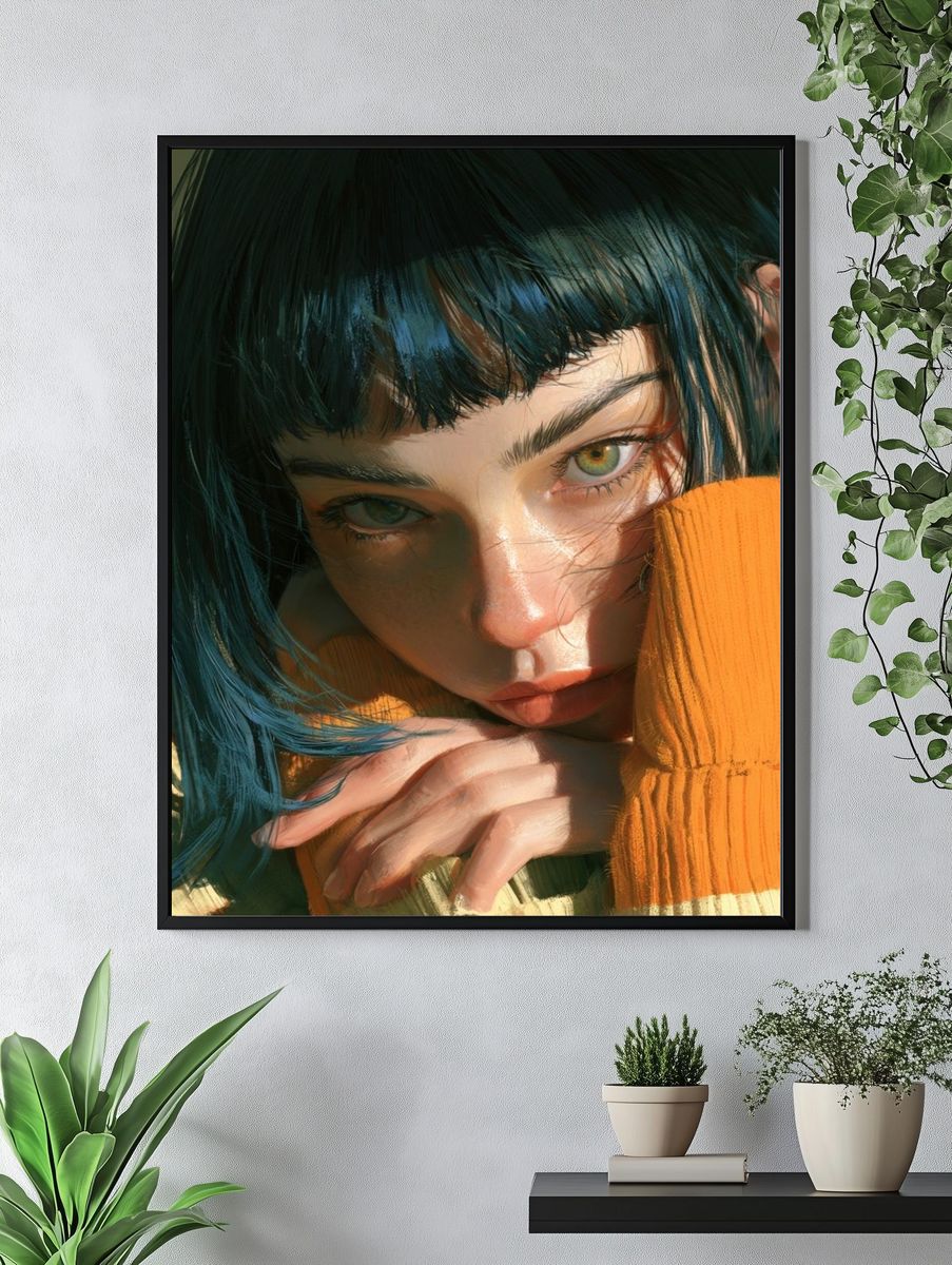 Blue-Haired Portrait Illustration Print. — room view 4