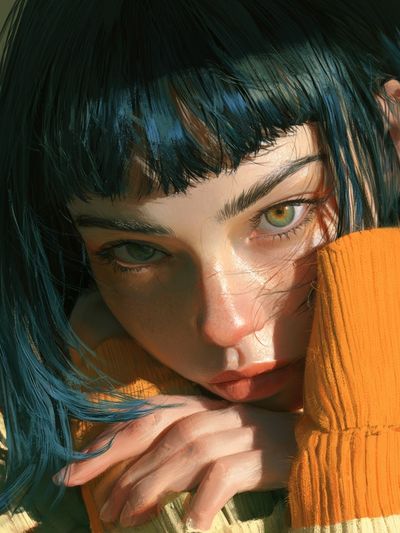 Blue-Haired Portrait Illustration Print.
