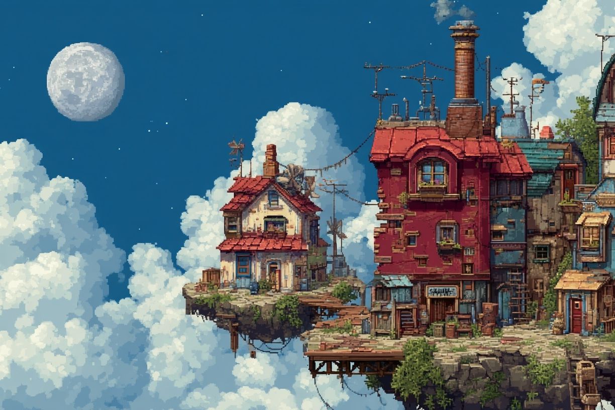 Floating Sky Village Illustration Poster. poster — illustration art