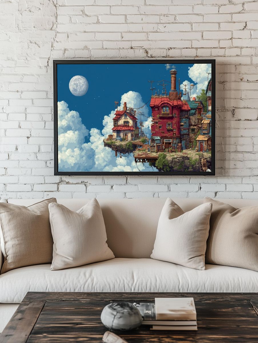 Floating Sky Village Illustration Poster. room preview
