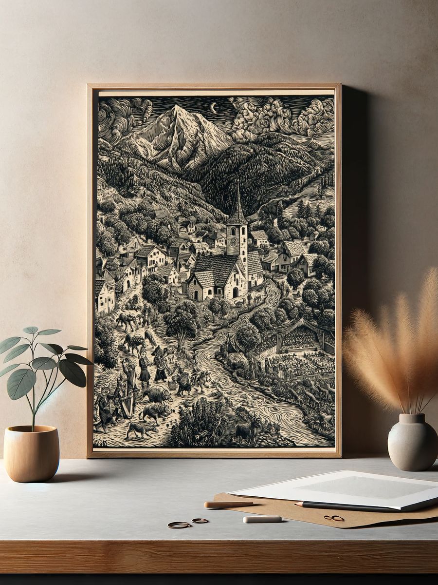 Alpine Village Woodcut Poster. — room view 2