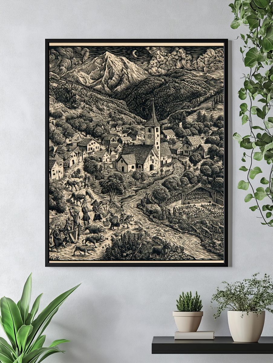 Alpine Village Woodcut Poster. — room view 4