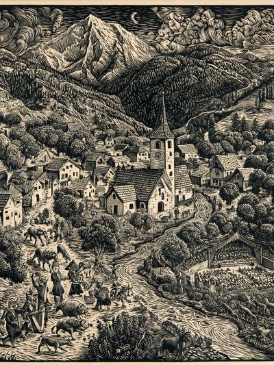 Alpine Village Woodcut Poster. poster