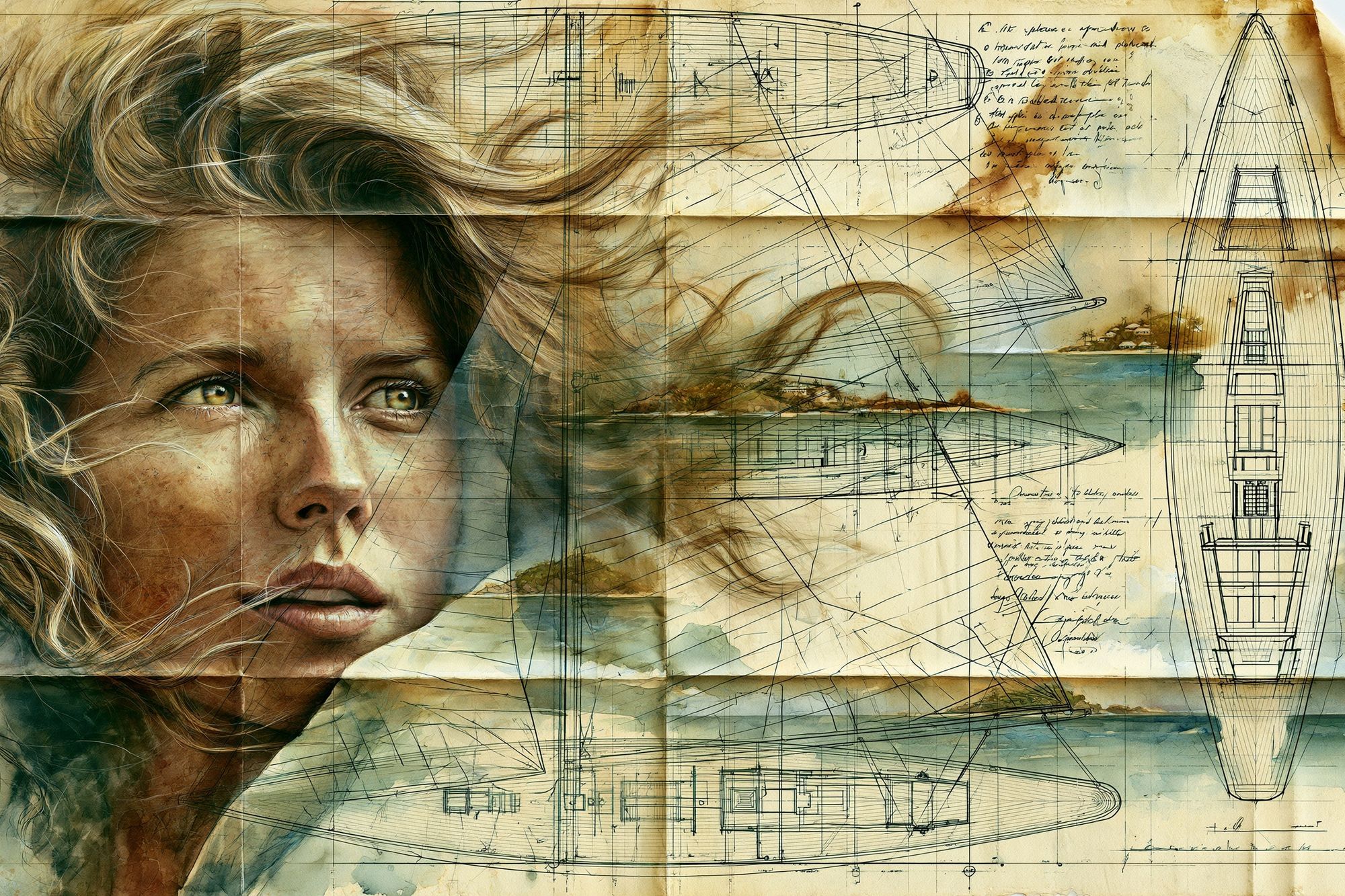 Sailing Woman Blueprint Illustration Poster. poster detail