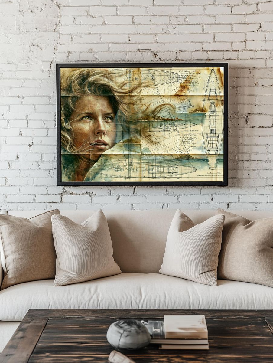 Sailing Woman Blueprint Illustration Poster. — room view 1