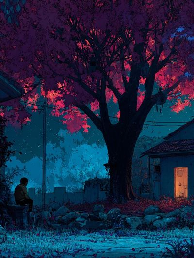 Neon Night Garden Illustration Poster. poster print
