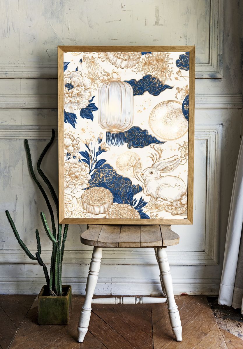 Blue Floral Rabbit Illustration Poster. — room view 1