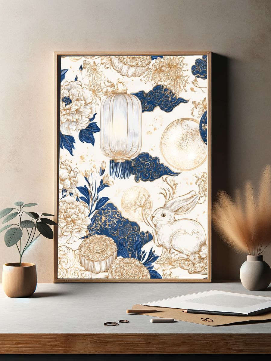Blue Floral Rabbit Illustration Poster. — room view 2