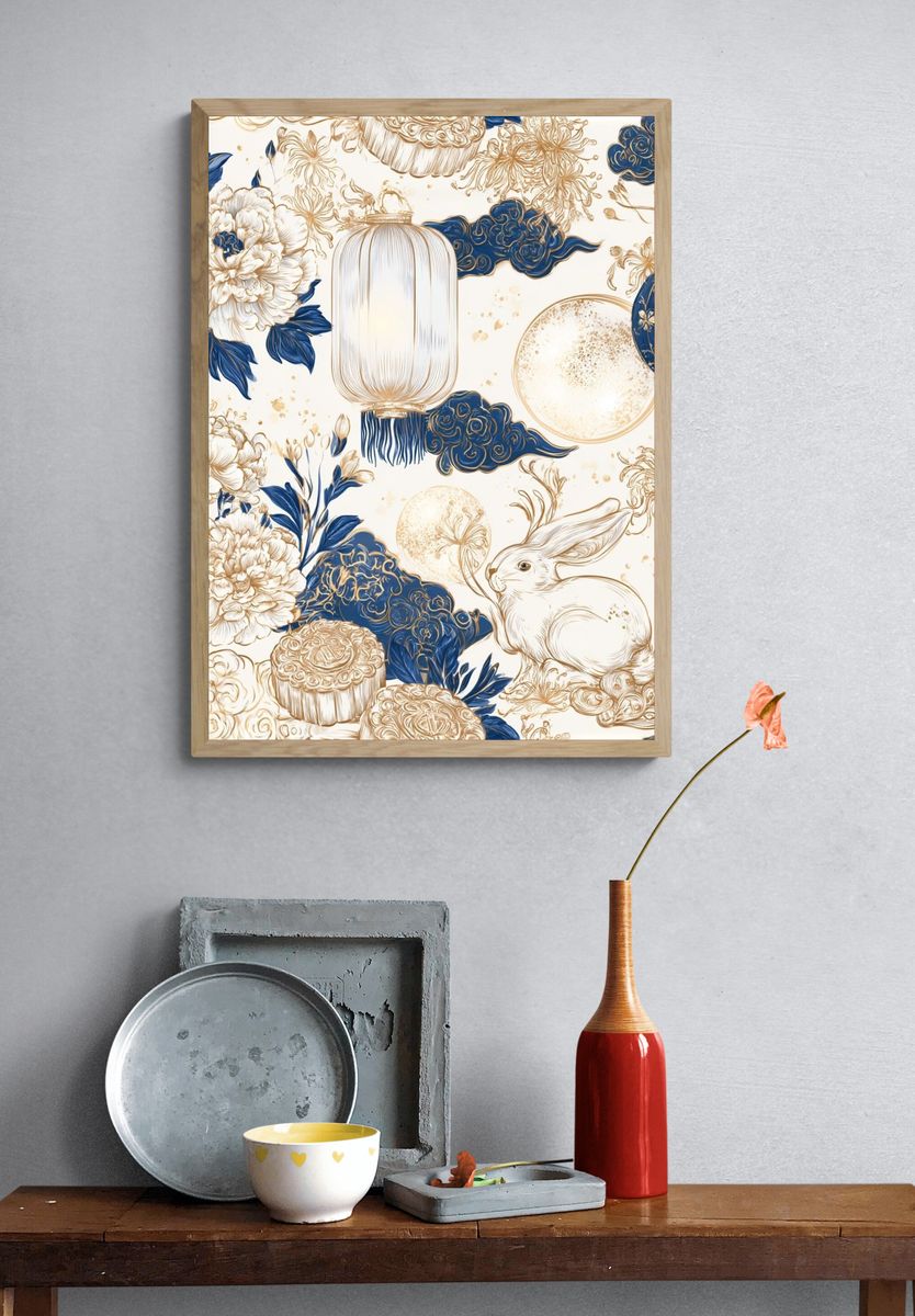 Blue Floral Rabbit Illustration Poster. — room view 3