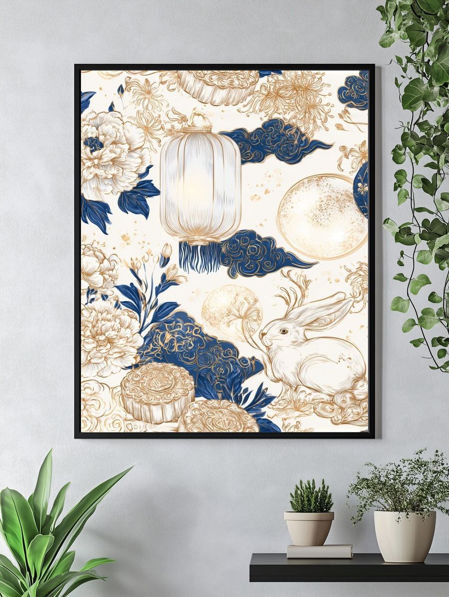 Blue Floral Rabbit Illustration Poster. — room view 4