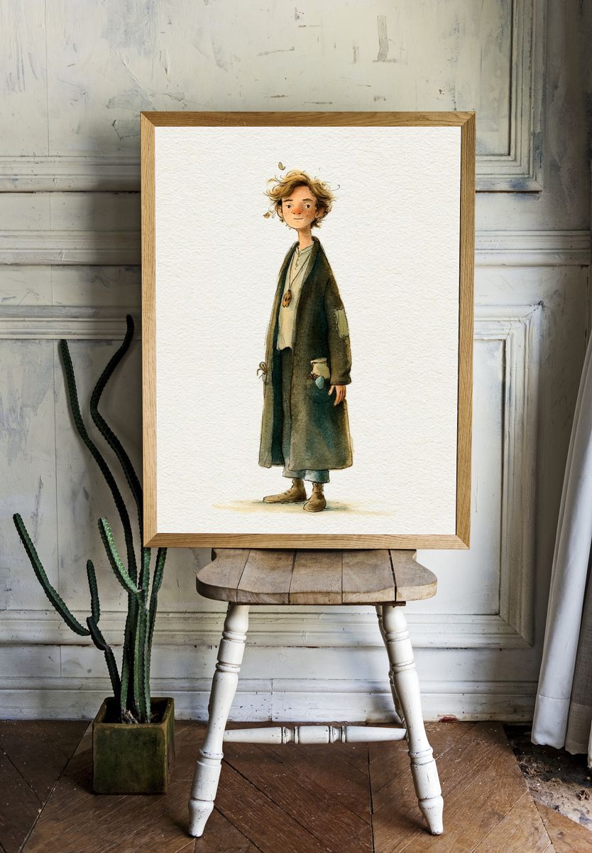Whimsical Boy Watercolor Print. room preview