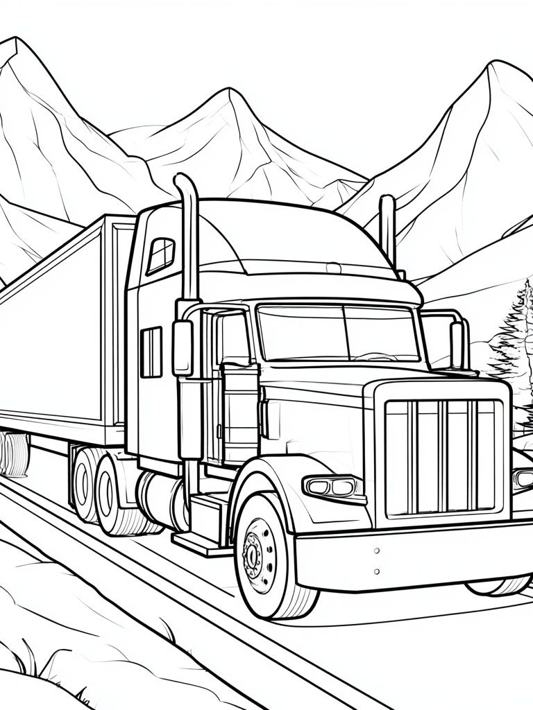Semi Truck Mountain Line Art Poster. poster detail
