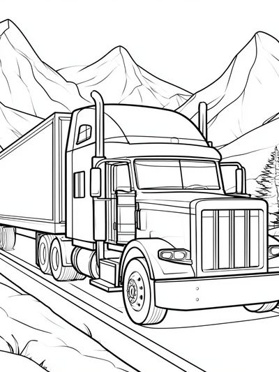 Semi Truck Mountain Line Art Poster.