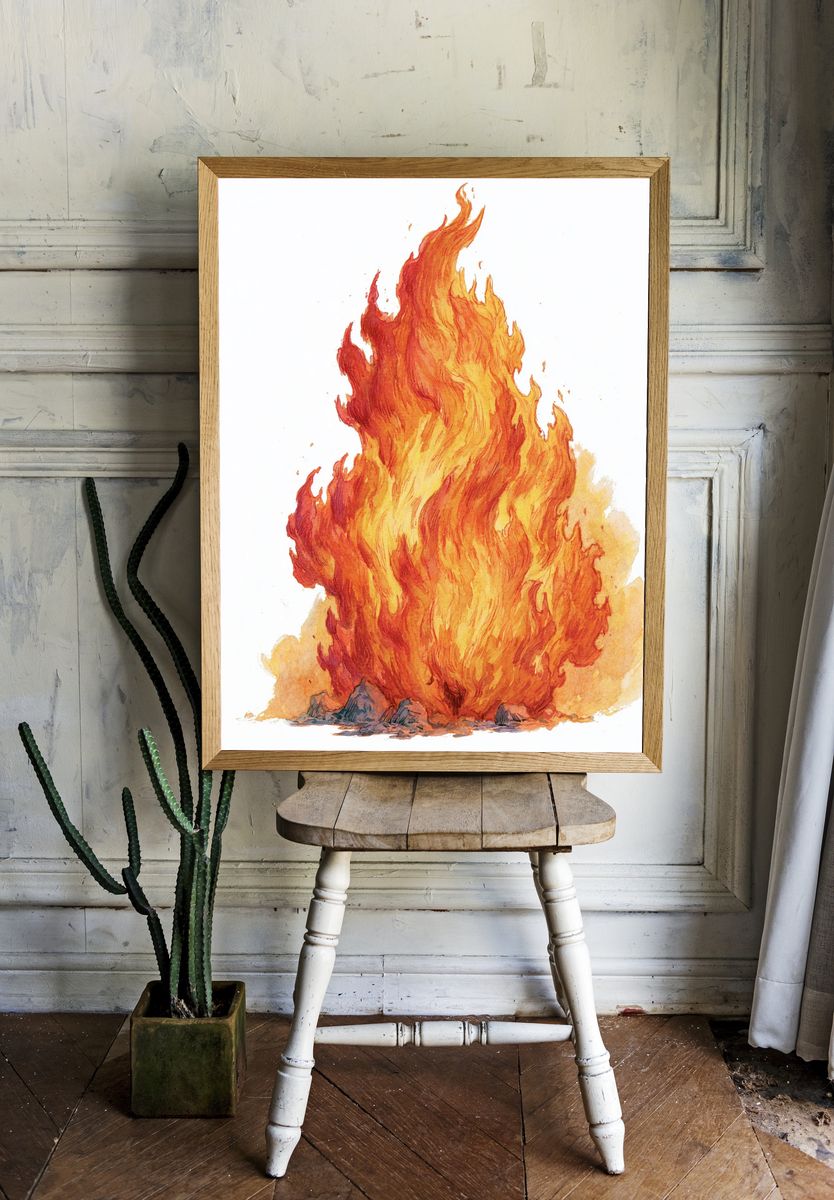 Blazing Fire Watercolor Poster. — room view 1