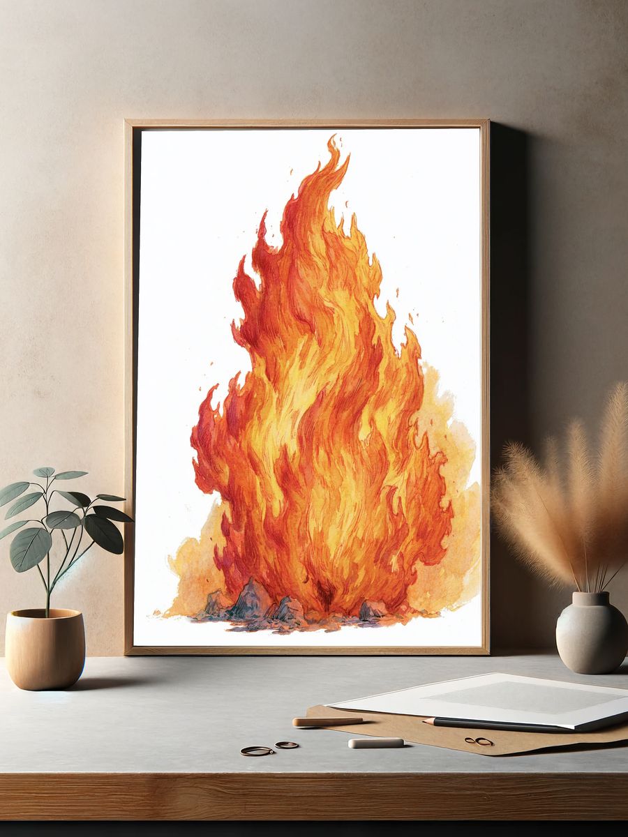 Blazing Fire Watercolor Poster. — room view 2