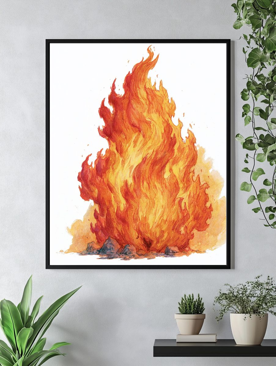 Blazing Fire Watercolor Poster. — room view 4