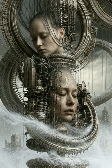 Surreal Faces in Orbit Poster. poster — illustration art