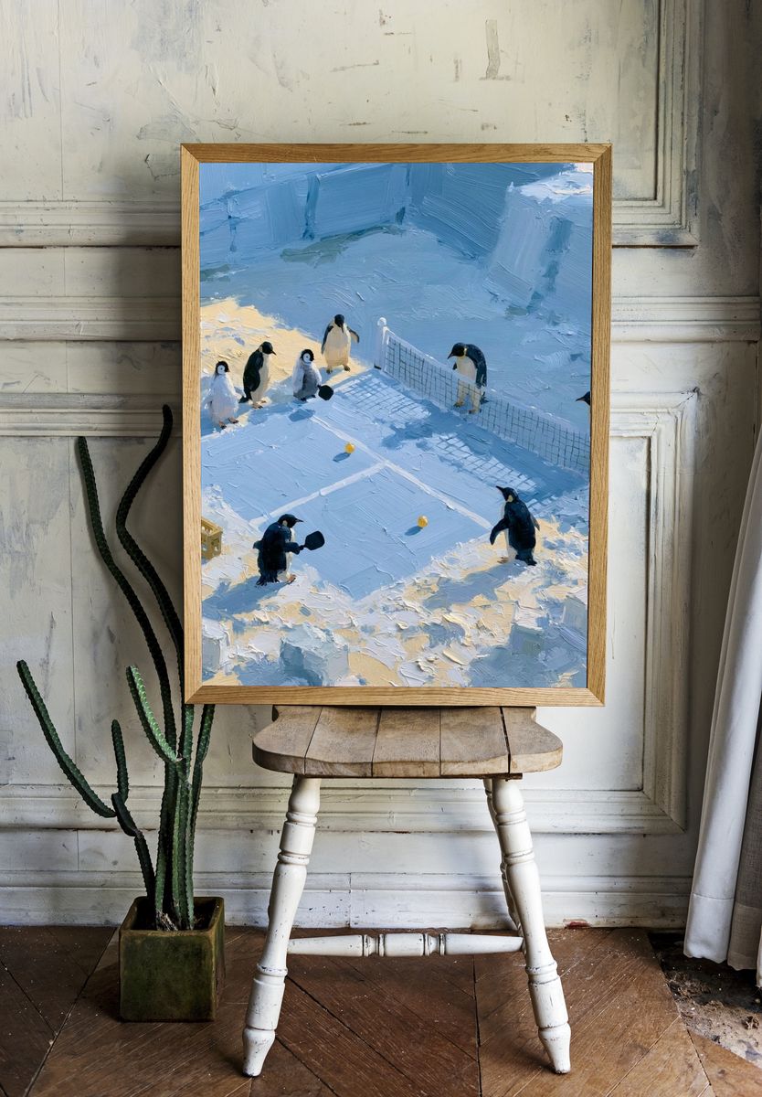 Penguin Table Tennis Illustration Poster. — room view 1