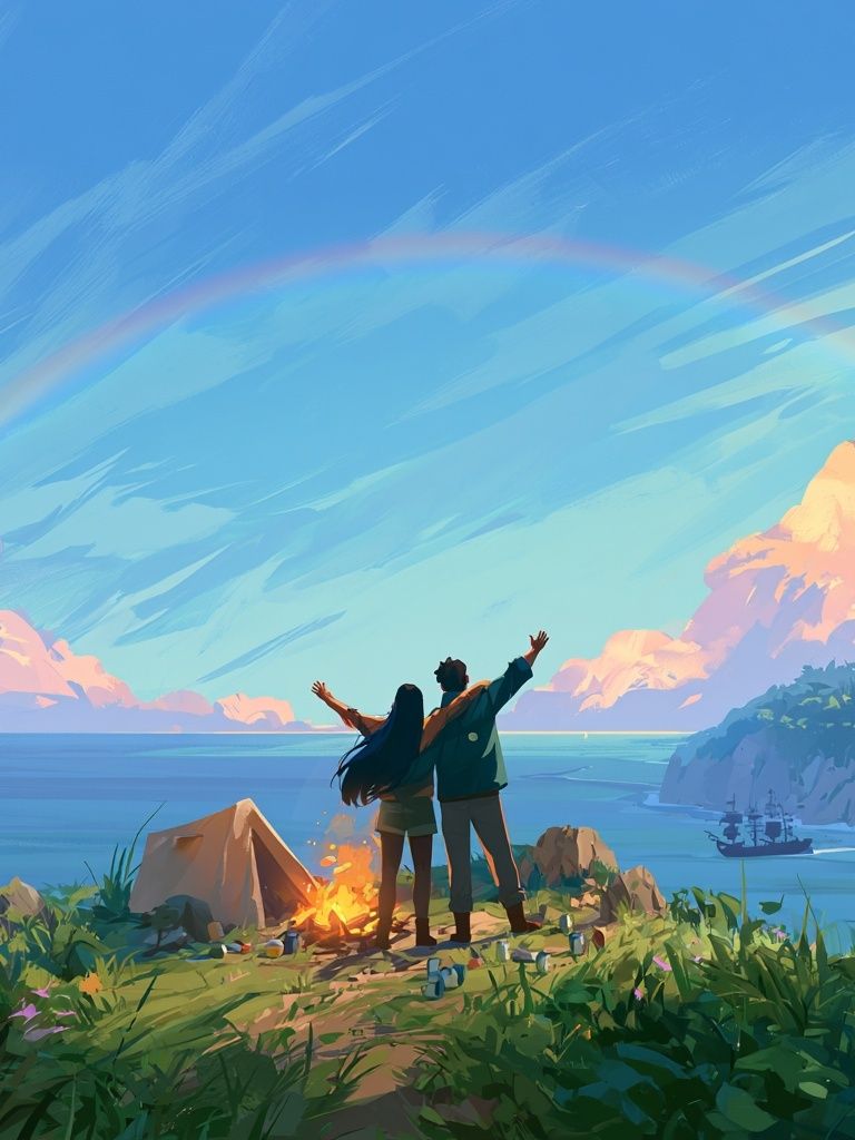 Coastal Campfire Sunset Illustration Poster. poster — illustration art