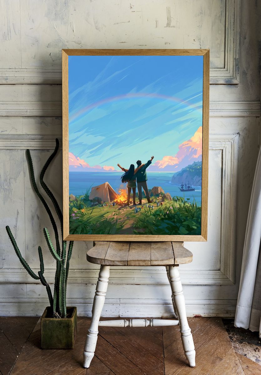 Coastal Campfire Sunset Illustration Poster. room preview
