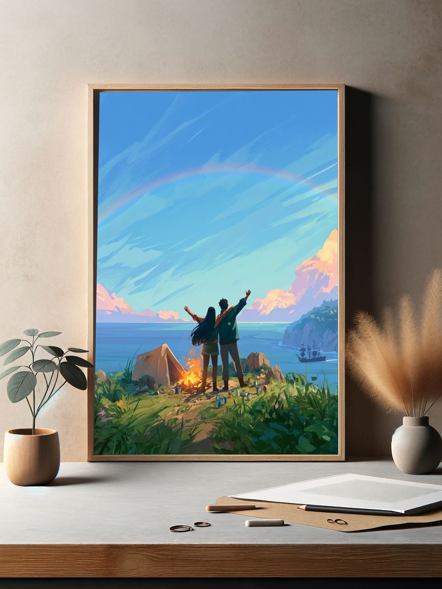 Coastal Campfire Sunset Illustration Poster. — room view 2