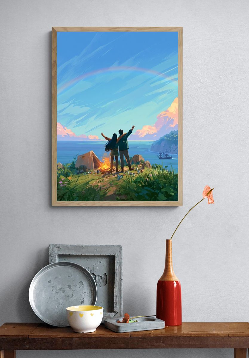 Coastal Campfire Sunset Illustration Poster. — room view 3