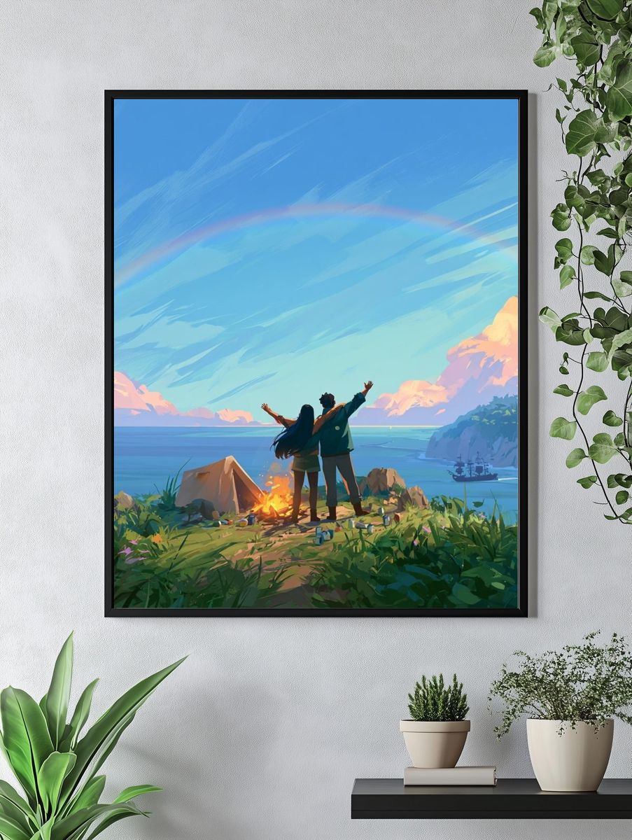 Coastal Campfire Sunset Illustration Poster. — room view 4