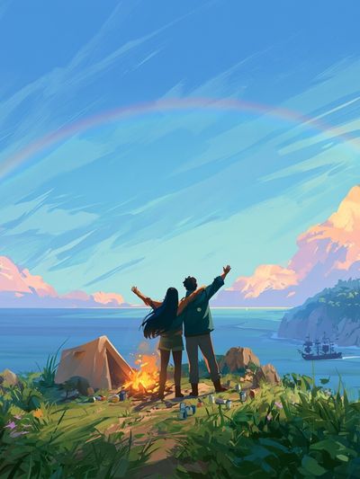 Coastal Campfire Sunset Illustration Poster. poster