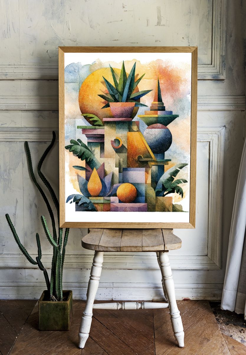 Tropical Geometric Watercolor Poster. — room view 1