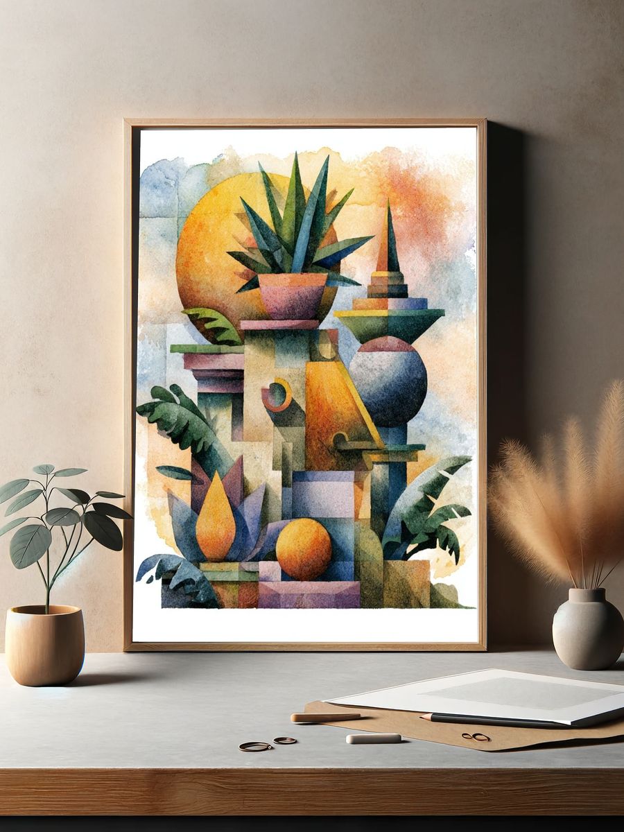Tropical Geometric Watercolor Poster. — room view 2