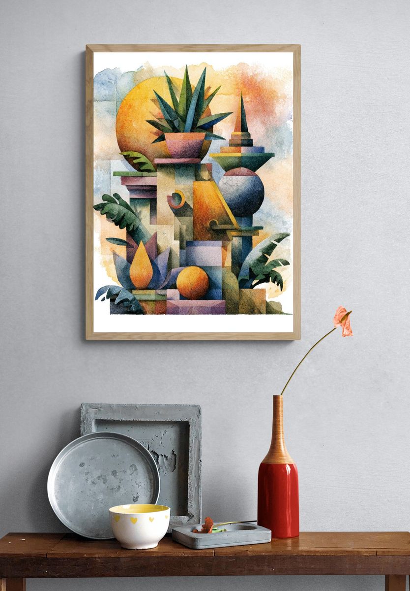 Tropical Geometric Watercolor Poster. — room view 3