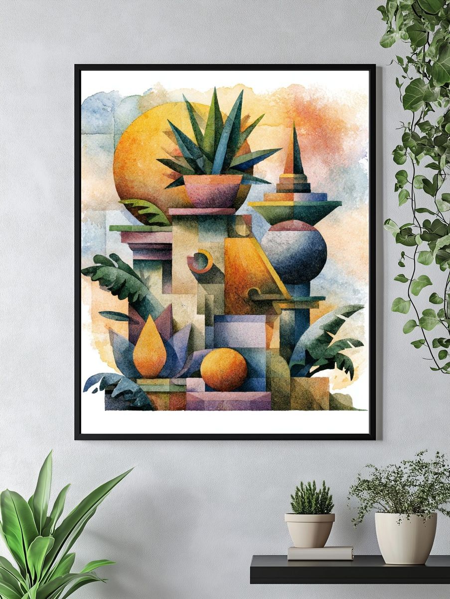 Tropical Geometric Watercolor Poster. — room view 4