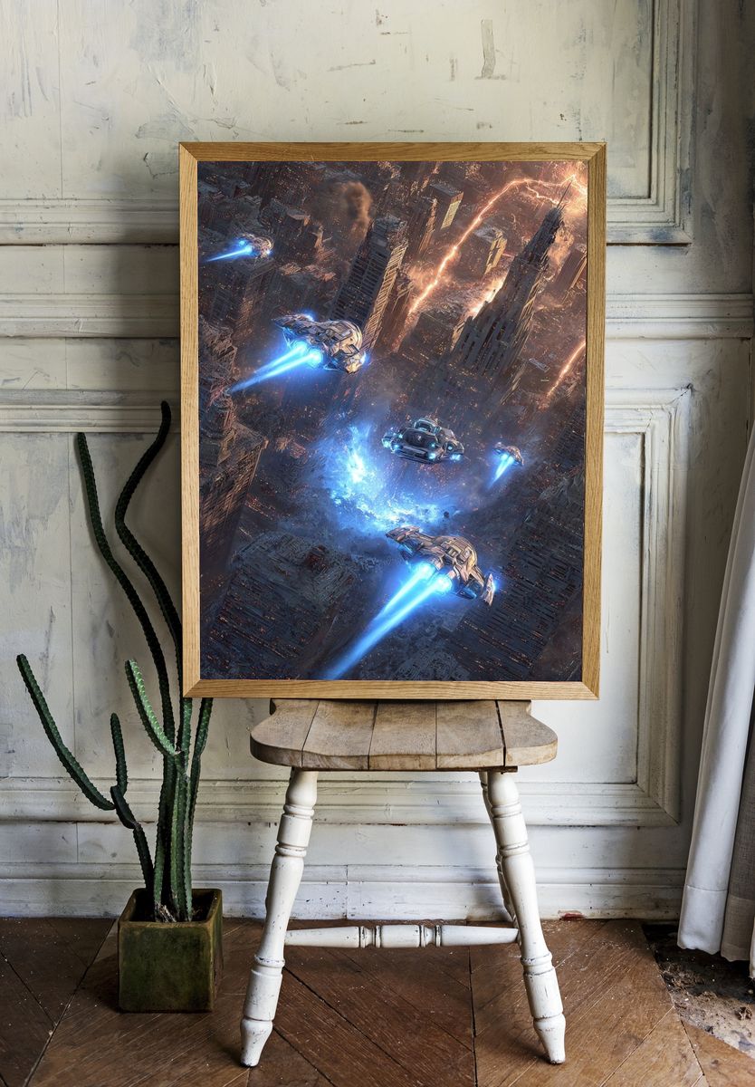 Futuristic City Chase Illustration Poster. — room view 1