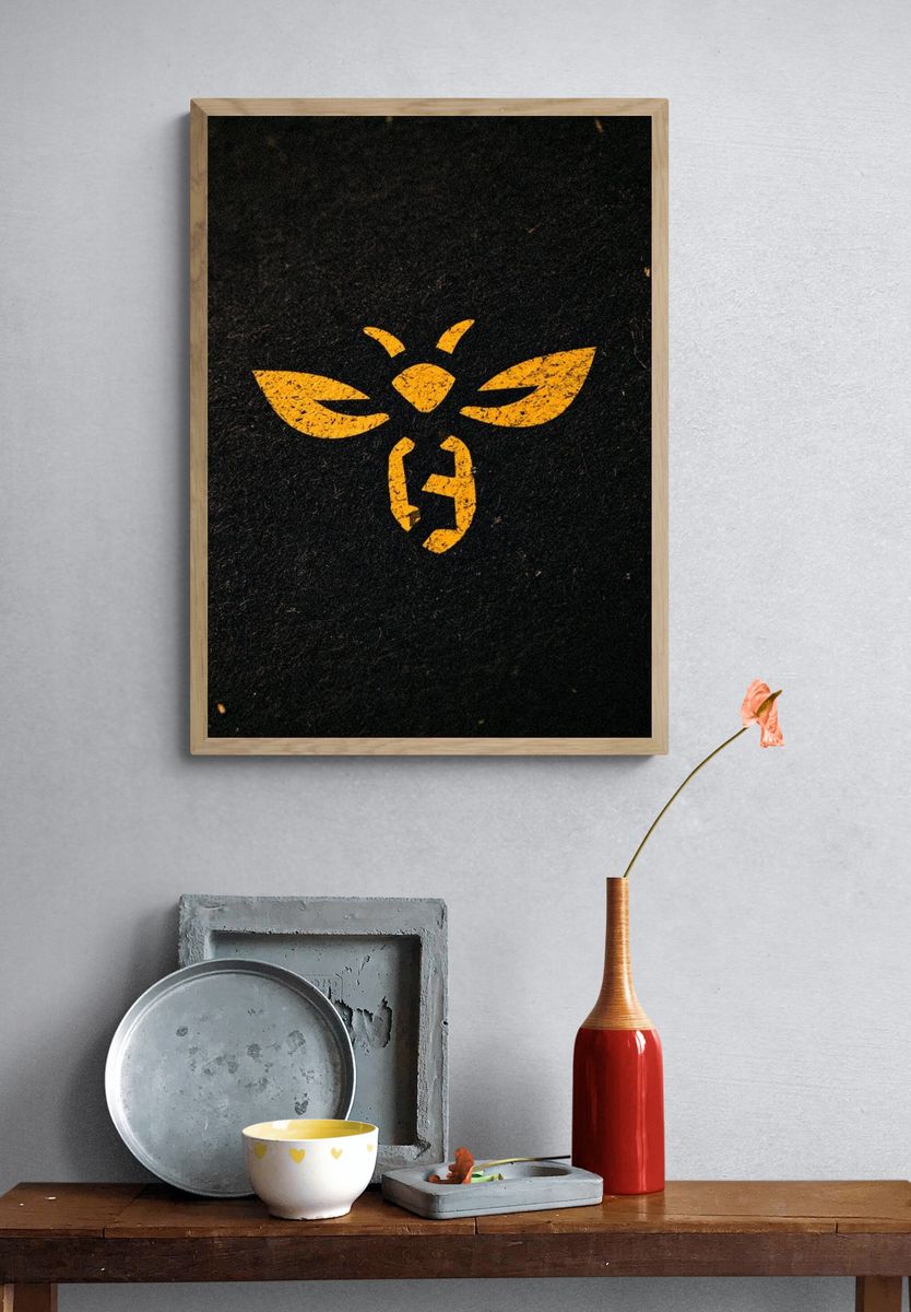 Yellow Bee Emblem Typography Poster. — room view 3