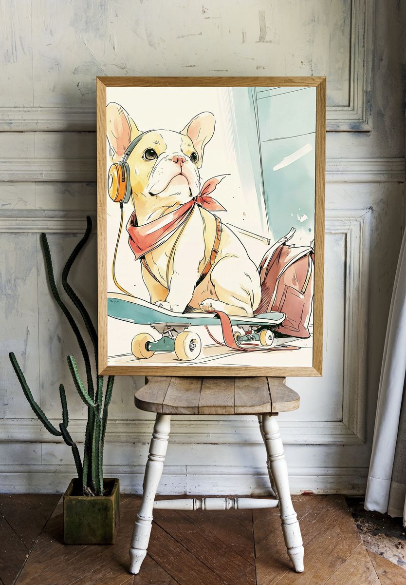 French Bulldog Skateboard Illustration Poster. — room view 1