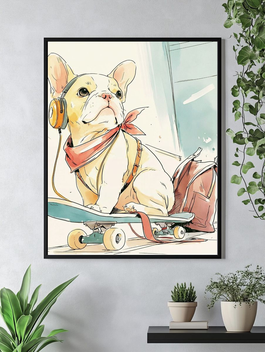 French Bulldog Skateboard Illustration Poster. — room view 4