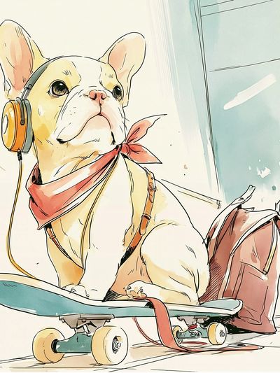 French Bulldog Skateboard Illustration Poster. poster