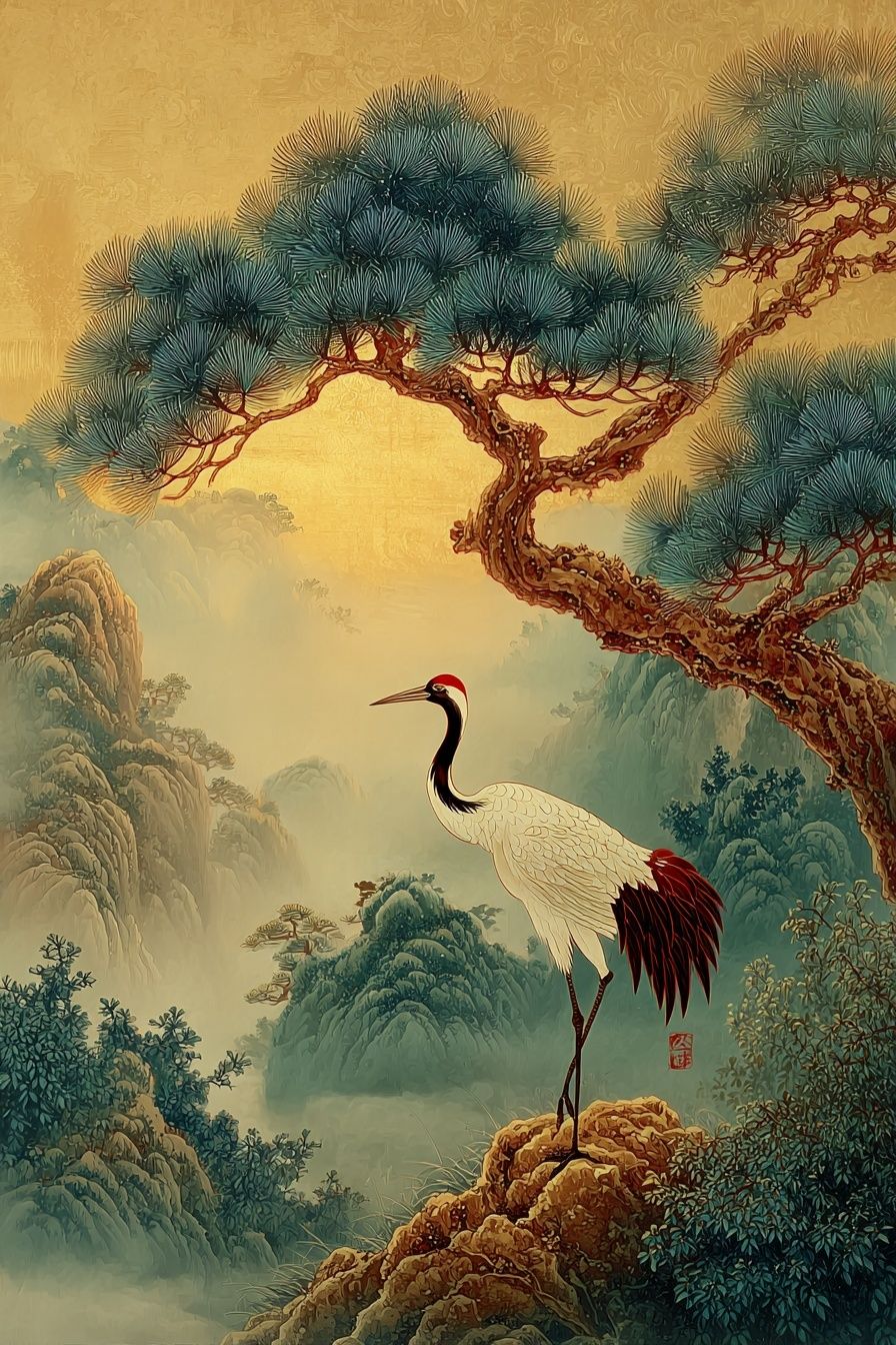 Crane in Misty Pines Illustration Poster. poster detail